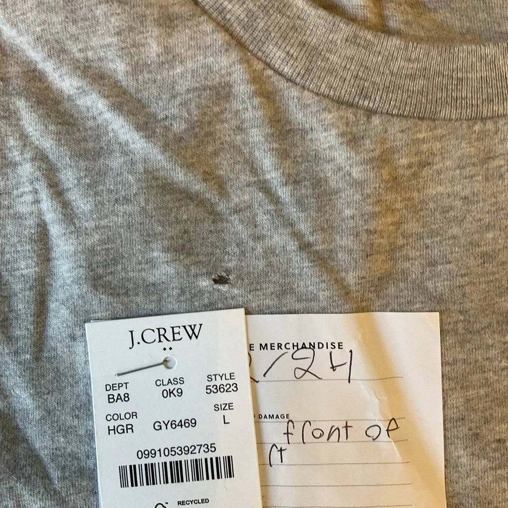 NWT J. Crew Slim Wash Jersey Grey Pocket Tee Sz L hole from sensor sew or patch